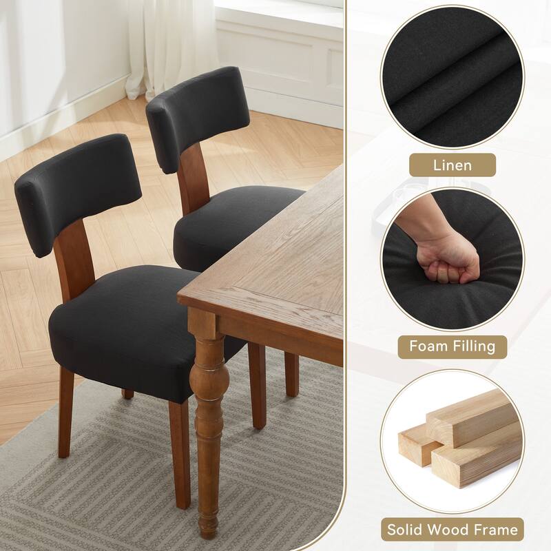 Linen Dining Chairs Set of 2, Armless Chairs with Curved Upholstered Backrest and Wooden Legs for Dining Room