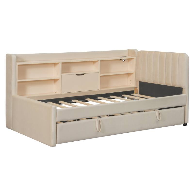Twin Size Upholstered Daybed with Pop Up Trundle and Storage Shelves & Socket