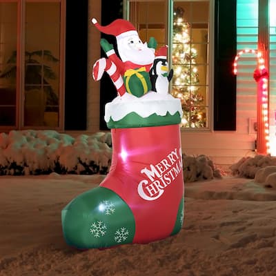 Outsunny 5ft Christmas Inflatable Santa and Penguin Standing in Sock with Candy Cane Gift Box