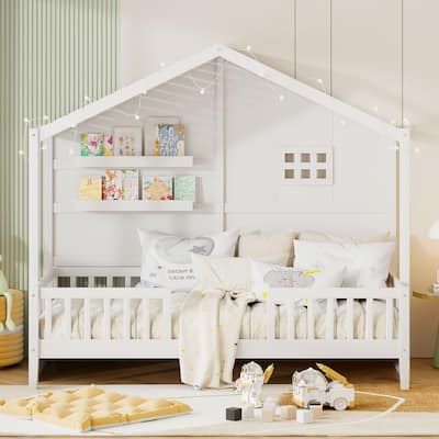 Twin Size House Bed with Shelves, Window and Sparkling Light Strip on The Roof, Kids Wood Platformbed Frame for Bedroom