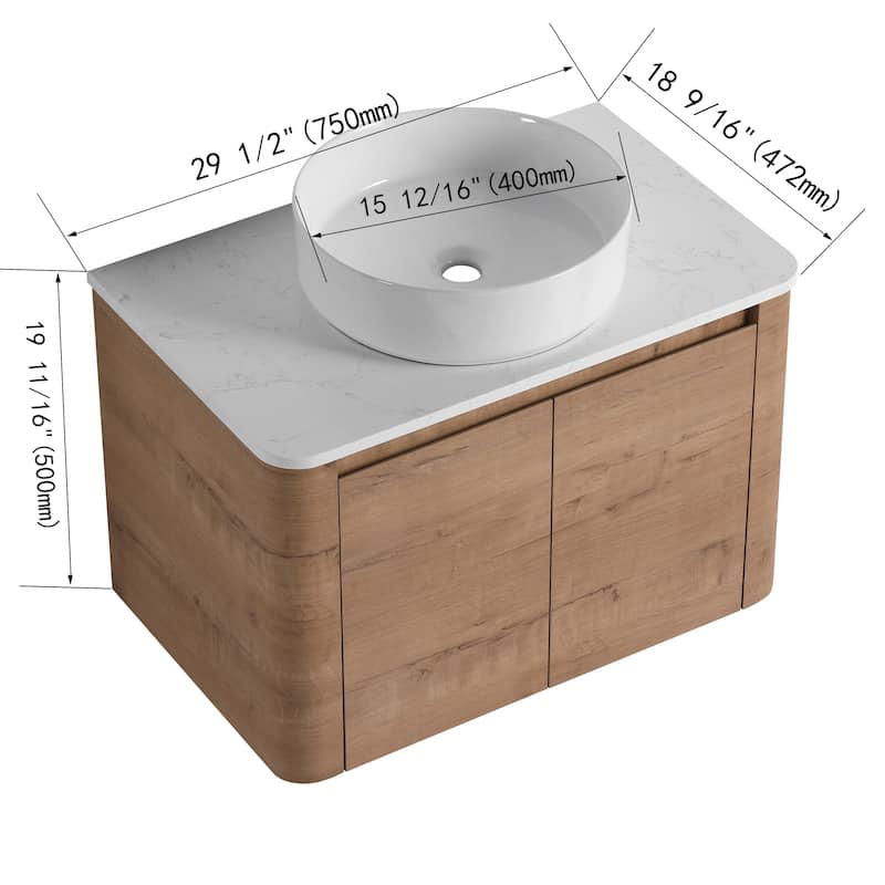 30'' Wall-Mounted Bathroom Vanity With Ceramic Art Sink & 2-Soft-Close Door, KD-Packing, Plywood