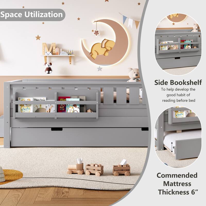 Twin with Built-in Bookshelves and Small Staircase, High-Quality Safety Rails, and Trundle