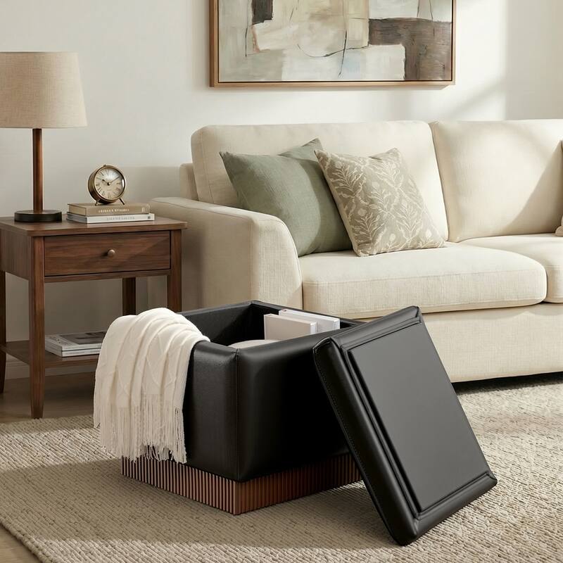 Swivel Storage Ottoman Bench Footstool with Flip-top and Acacia Solid Wood Frame, Fully Assembled