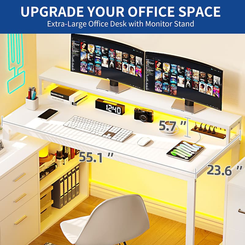 55 Inch L-shaped Gaming Desk with Power Outlets and LED Lights Computer Corner Desk with File Cabinet Monitor Stand