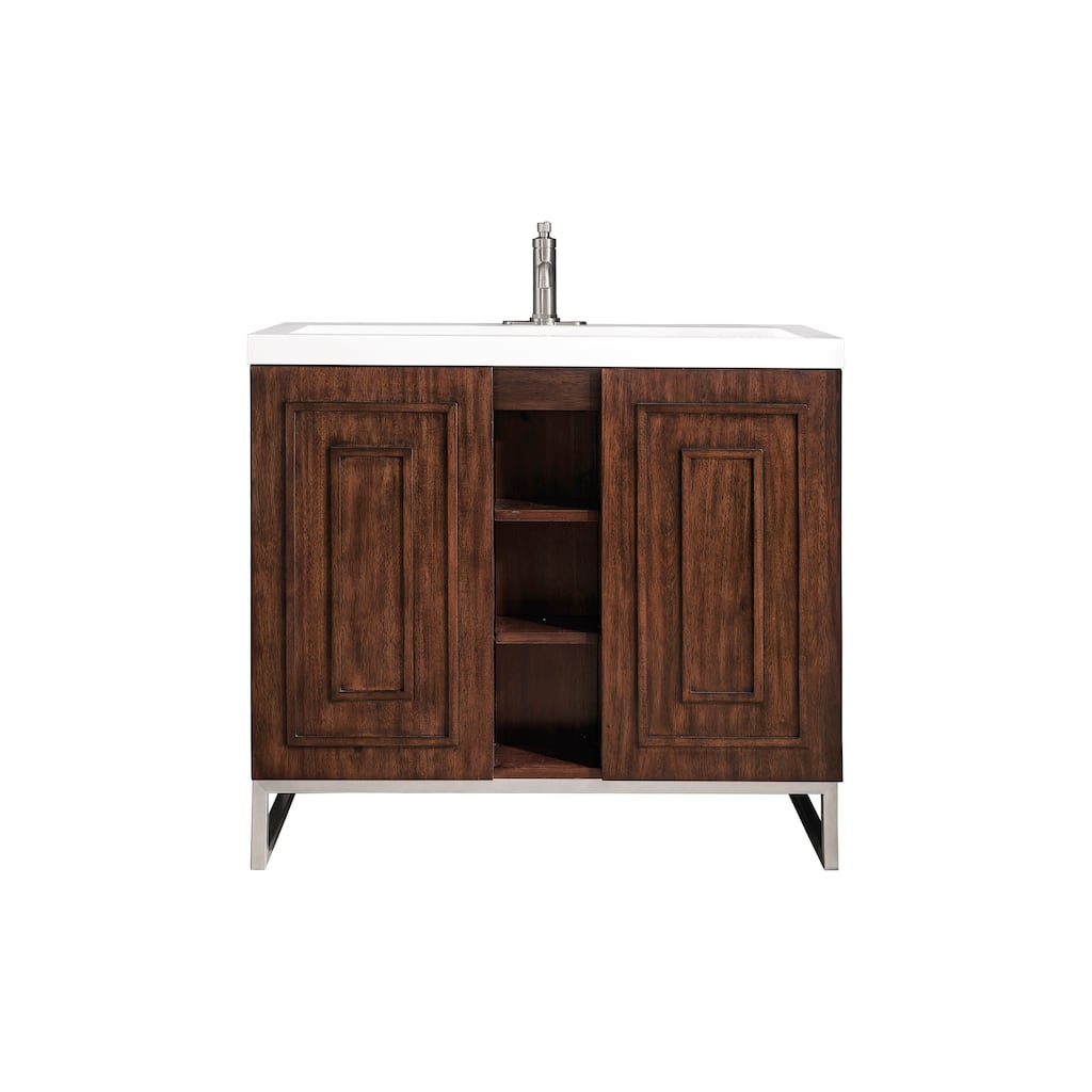 James Martin Vanities Alicante 39.5" Single Vanity Cabinet, Mid Century Acaia, w/ White Glossy Composite Stone Countertop