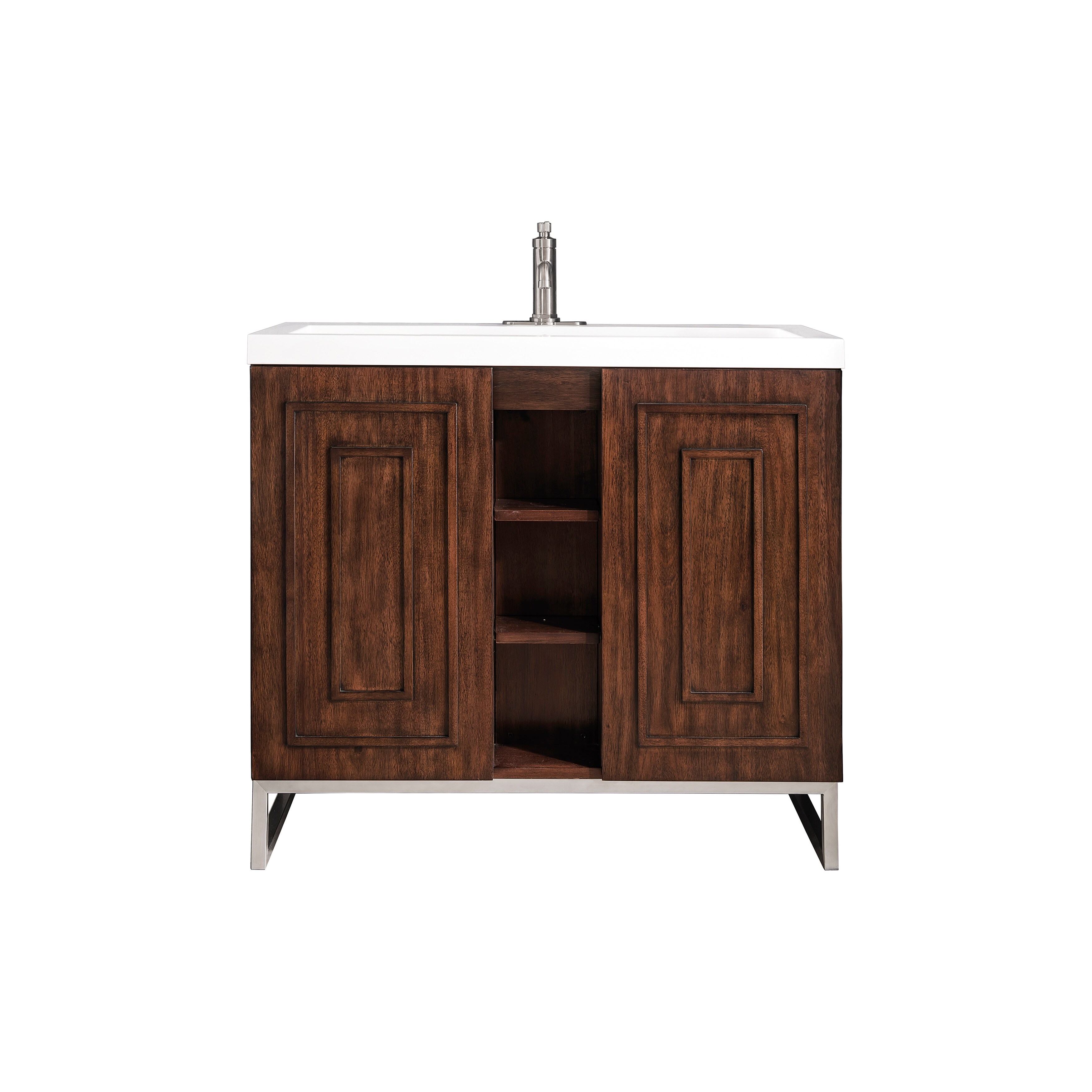 James Martin Vanities Alicante 39.5" Single Vanity Cabinet, Mid Century Acaia, w/ White Glossy Composite Stone Countertop