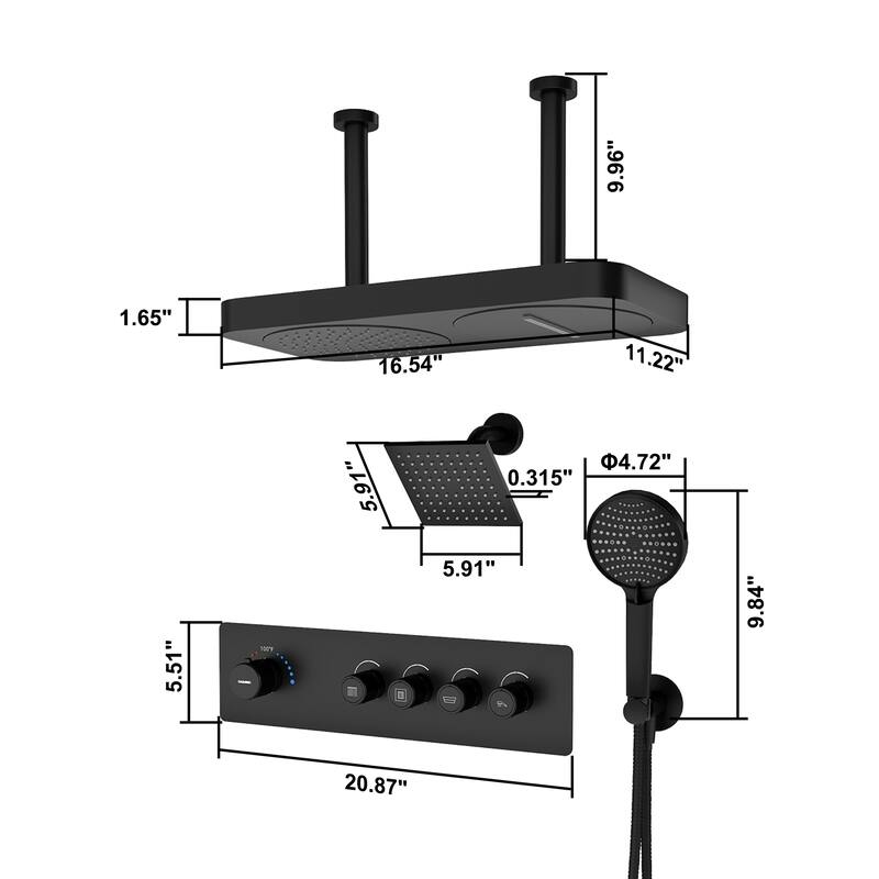7-Spray Shower System 22.5 in. x 11.2 in. Dual Shower Head Ceiling Mount Fixed and Handheld Shower 2.5GPM in Matte Black