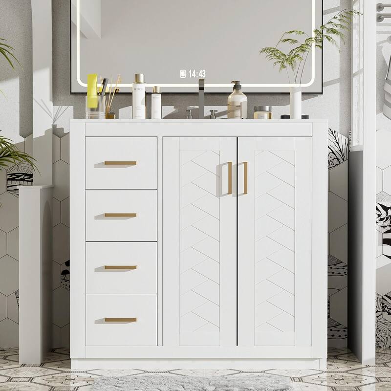 36'' Bathroom Vanity with Ceramic Sink Combo, Solid Wood Frame Bathroom Storage Cabinet - White