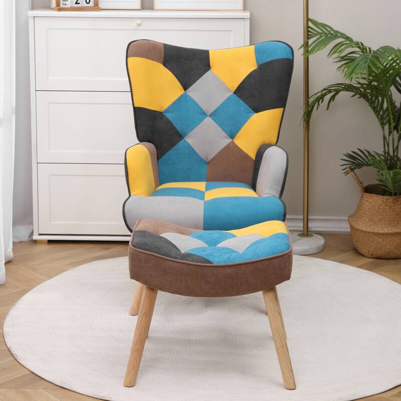 Creative Splicing Cloth Accent Chair with Ottoman
