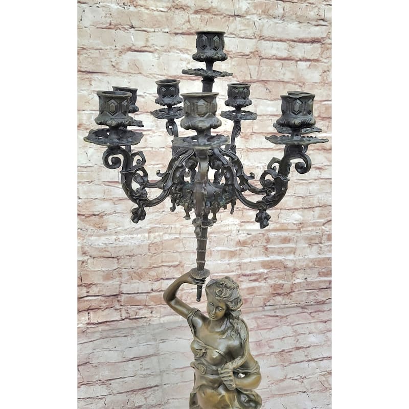 Hot Cast Bronze Figurative French Candelabra Candleholder Female Figure By Moreau
