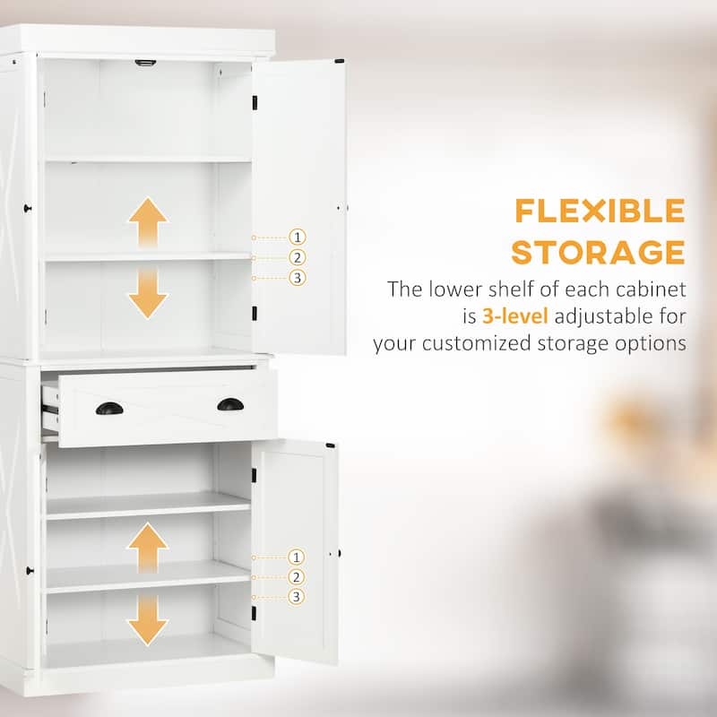 HOMCOM Freestanding Modern Farmhouse 4 Door Kitchen Pantry Cabinet, Storage Cabinet Organizer with 6-Tiers