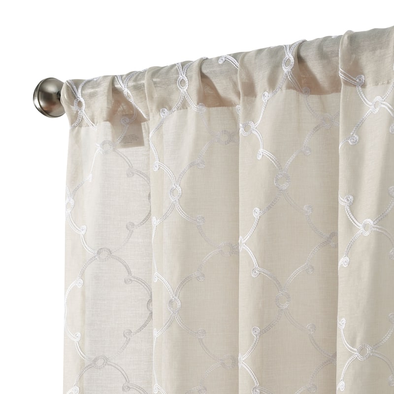 Creative Home Ideas Selena Embroidered Sheer Rod Pocket Window Curtain Panel Pair with Tiebacks