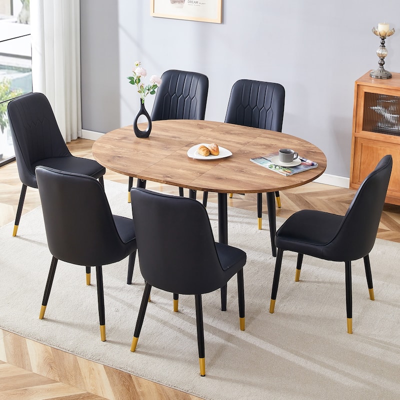 7-Piece Modern Extendable Dining Table Set Wooden Kitchen Table with 6 Upholstered Chairs, Space-Saving Dining Table & Chair Set - Black,Wood