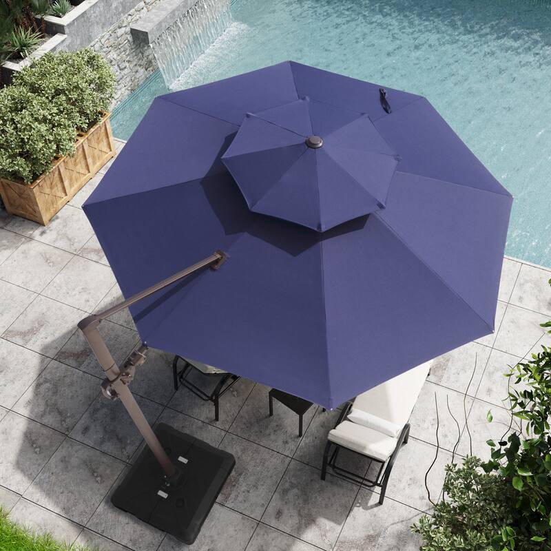 11 ft Outdoor Aluminum Dual Top Solar Powered LED Lighted Patio Cantilever Umbrella and Weighted Base