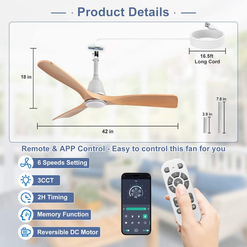 Outdoor Ceiling Fan with Light: Plug-in Hanging Fan, Remote App Control, 3CCT, 6-Speed
