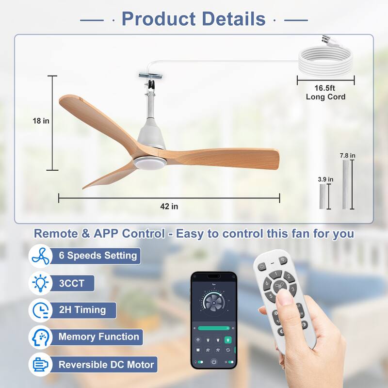 Waterproof Outdoor Ceiling Fan with Light: Plug-in Hanging Fan, Remote App Control, 3CCT, 6-Speed