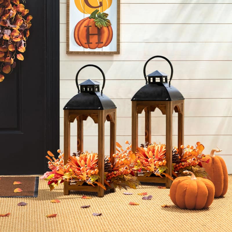 Glitzhome Set of 2 Farmhouse Church Style Hanging Candle Holders Wooden Lanterns Fall Wedding Decor - Floral Natural