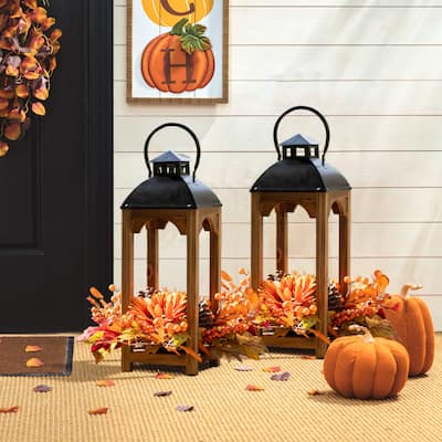 Glitzhome Set of 2 Farmhouse Church Style Hanging Candle Holders Wooden Lanterns Fall Wedding Decor