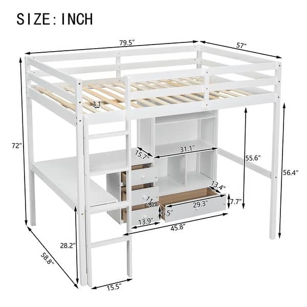 Full Size Wood Loft Bed with Desk, Storage shelves and Drawers, Built-in Ladder
