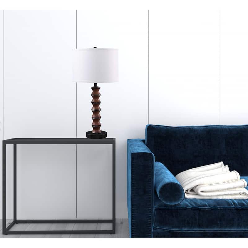 Dark Brown Polyresin Table Lamp with White Cotton Linen Drum Shade - 14” x 14” x 27.5” (D x W x H)
