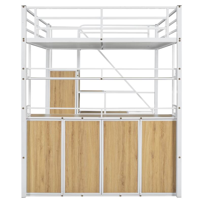 Full Size Metal Loft Bed with Storage Staircase, Wardrobe, Shelves, and Lockers in White