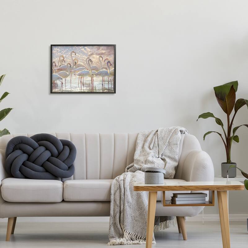 Stupell Pretty Pink White Flamingos Standing Sparkling Water Clouds Framed Wall Art - Multi-Color