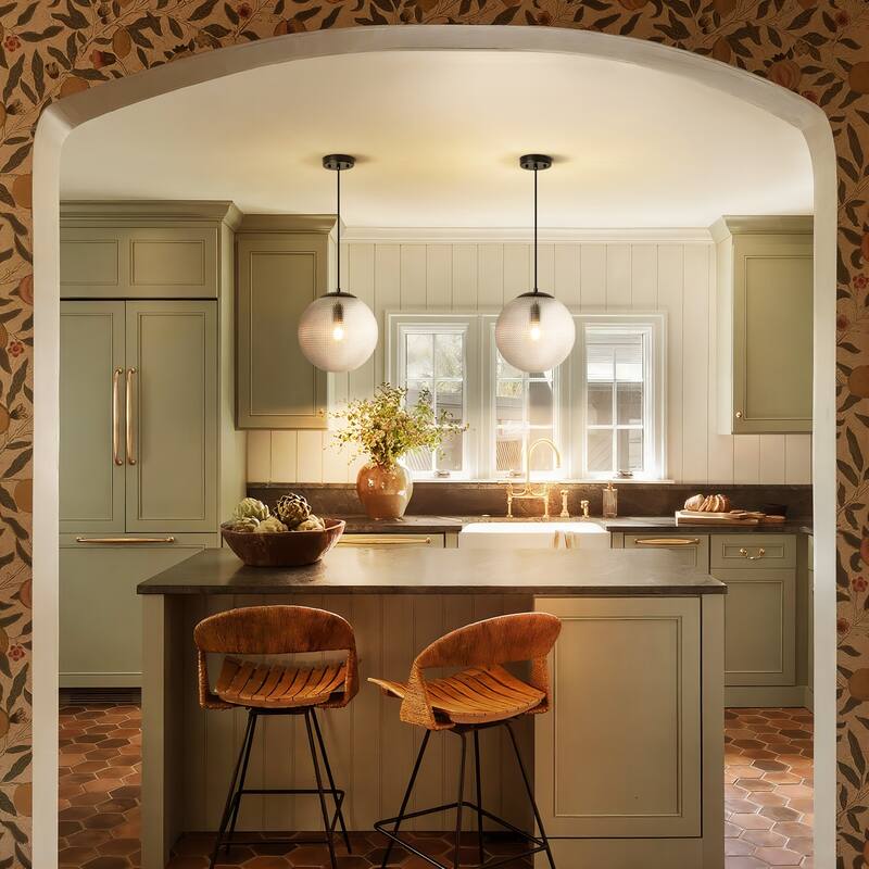 1-Light Modern Indoor Matte Black Finish Kitchen Island Pendant Lights with Globe Diamond Textured Grey/Clear Glass Shade