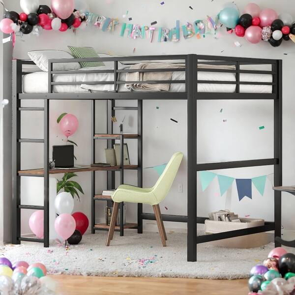 slide 2 of 14, Modern Full Size Loft Bed with Built-in Desk and Storage Shelves,No Box Spring Required for Bedroom Black