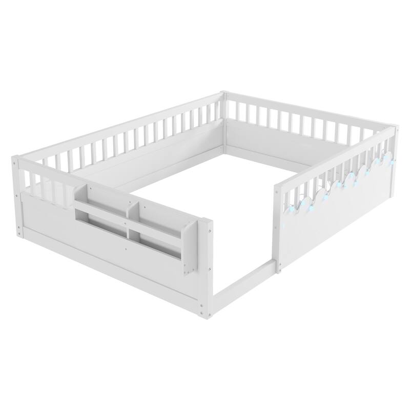 Full Size Toddler Floor Bed Fence Bed with Guardrails, White