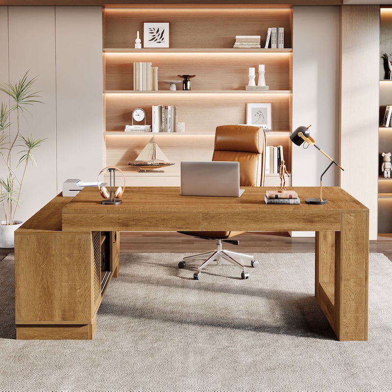 L Shaped Executive Desk with Storage Cabinets and 2-Tier Shelf
