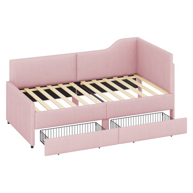 Vertical Lines Upholstered Platform Bed Frame with 2 Storage Drawers, L-Shaped Corduroy Daybed Sofabed