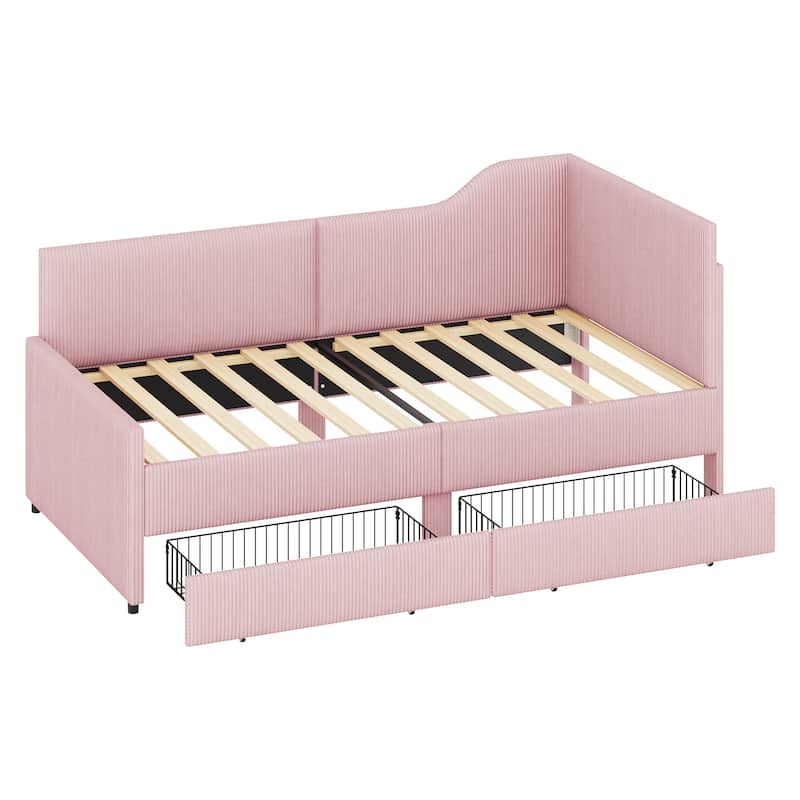 Twin Size L-Shaped Corduroy Daybed,Upholstered Bed Frame with 2 Storage Drawers, Beige