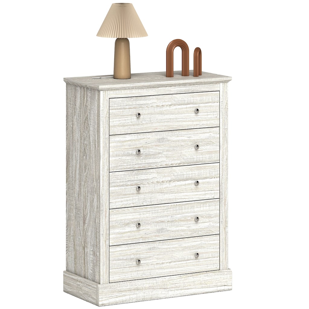 HOMCOM Dresser for Bedroom with 5 Drawers, 31" Wide Farmhouse Chest of Drawers with Wood Top, Anti-Tip Kit, Protective Pads