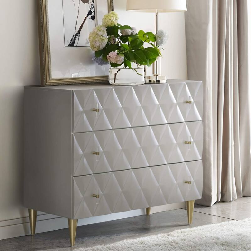 3D Diamond-Patterned Facade Console Cabinet with 3 Drawers in Metallic Silver and Champagne