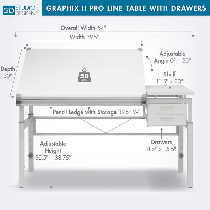 Studio Designs Graphix II Pro Line Height Adjustable Drafting Table with Tilting Top