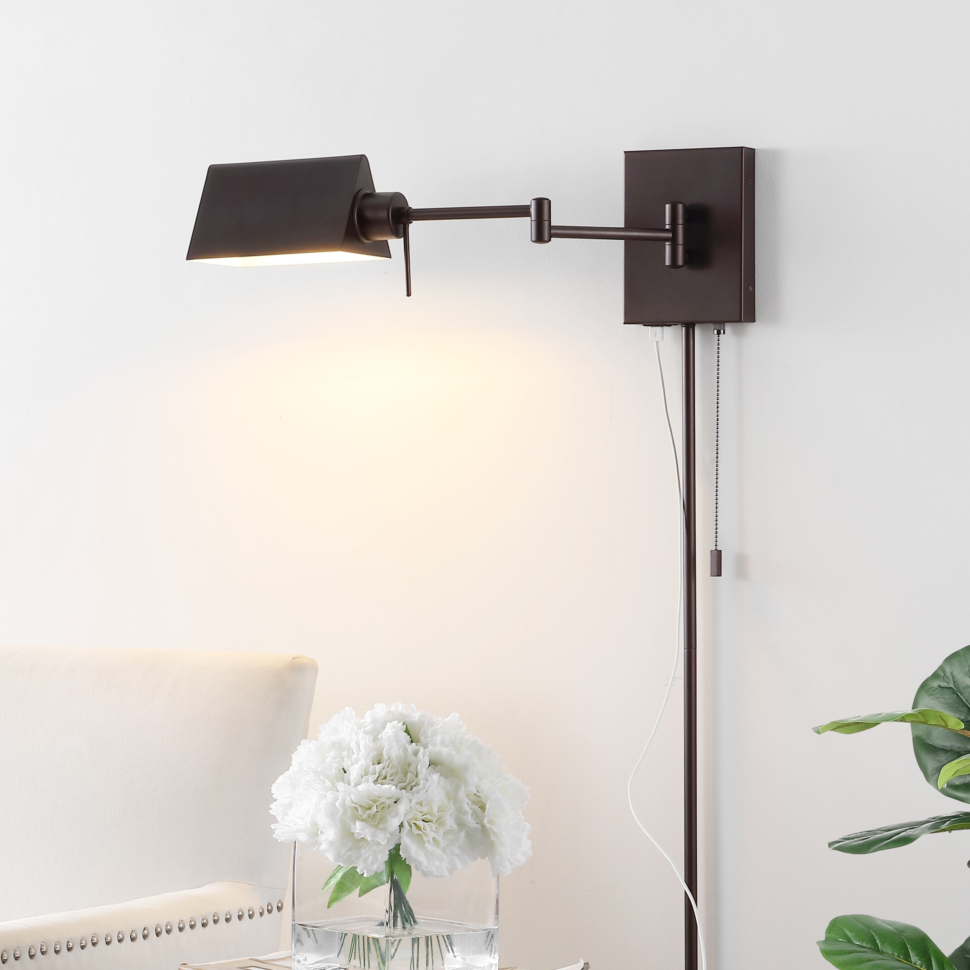 Curtis Farmhouse Swing Arm Plug-In or Hardwired Iron LED Wall Sconce with Pull-Chain with USB Charging Port, by JONATHAN Y