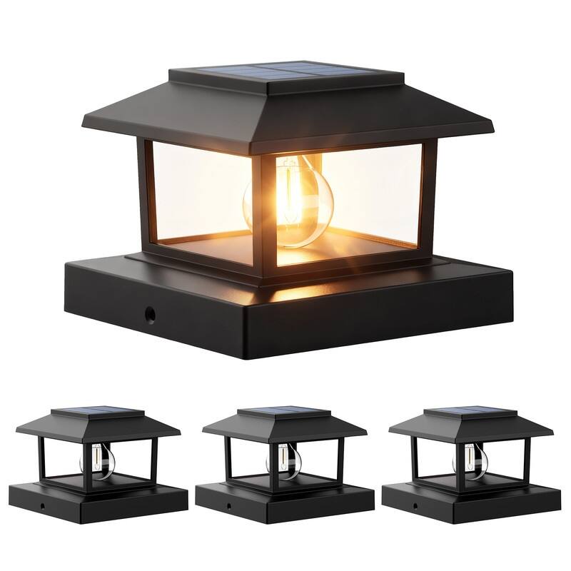 Solar 4x4 Post Cap Light with Warm White Tungsten Bulb, Waterproof Deck Fence Light, Black - 4 Pack
