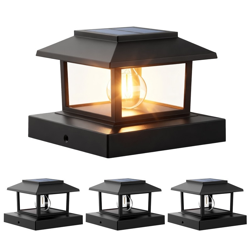 Solar 4x4 Post Cap Light with Warm White Tungsten Bulb, Waterproof Deck Fence Light, Black
