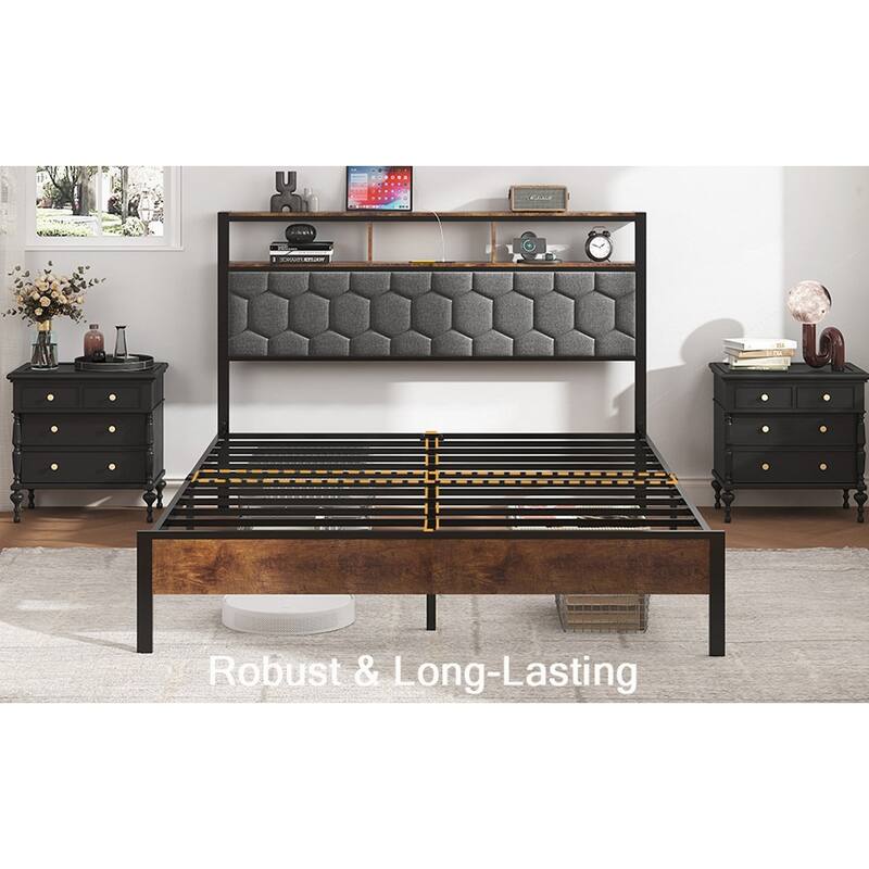 wooden platform bed frame, bedside with soft package and 2 USBs