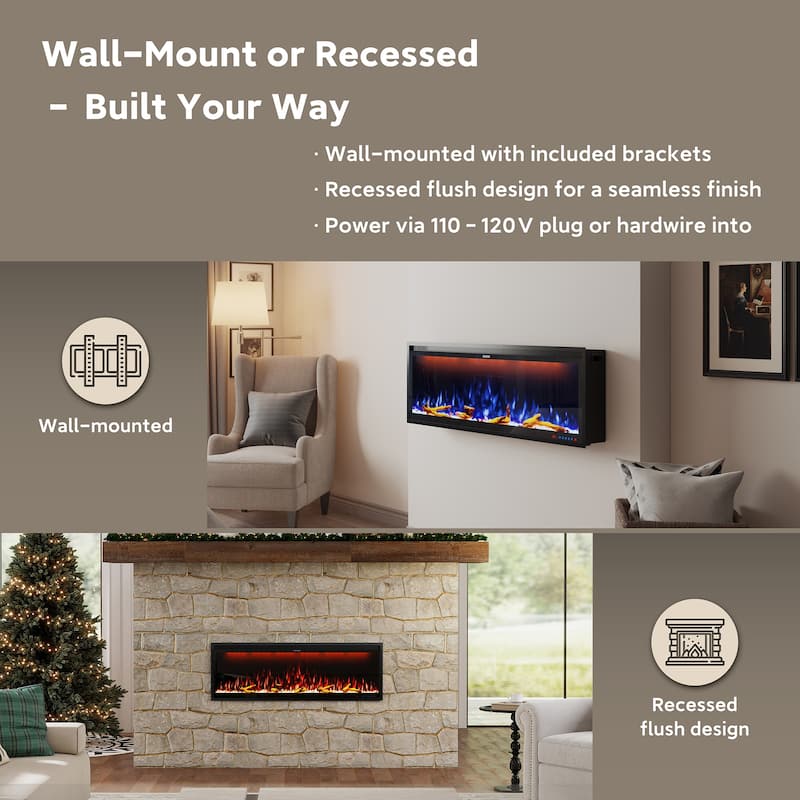 Clihome 42-88" Recessed Wall-Mounted Smart Control Electric Fireplace