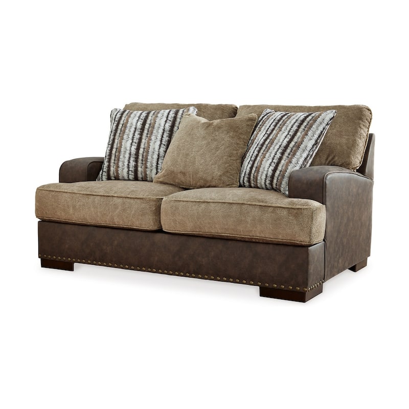 Srie 68 Inch Loveseat, Nailhead Trim, 3 Accent Pillows, Faux Leather, Brown