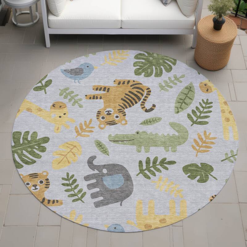 Machine Washable Indoor/ Outdoor Whimsy Safari Animals Chantille Rug - Silver - 8' x 8'