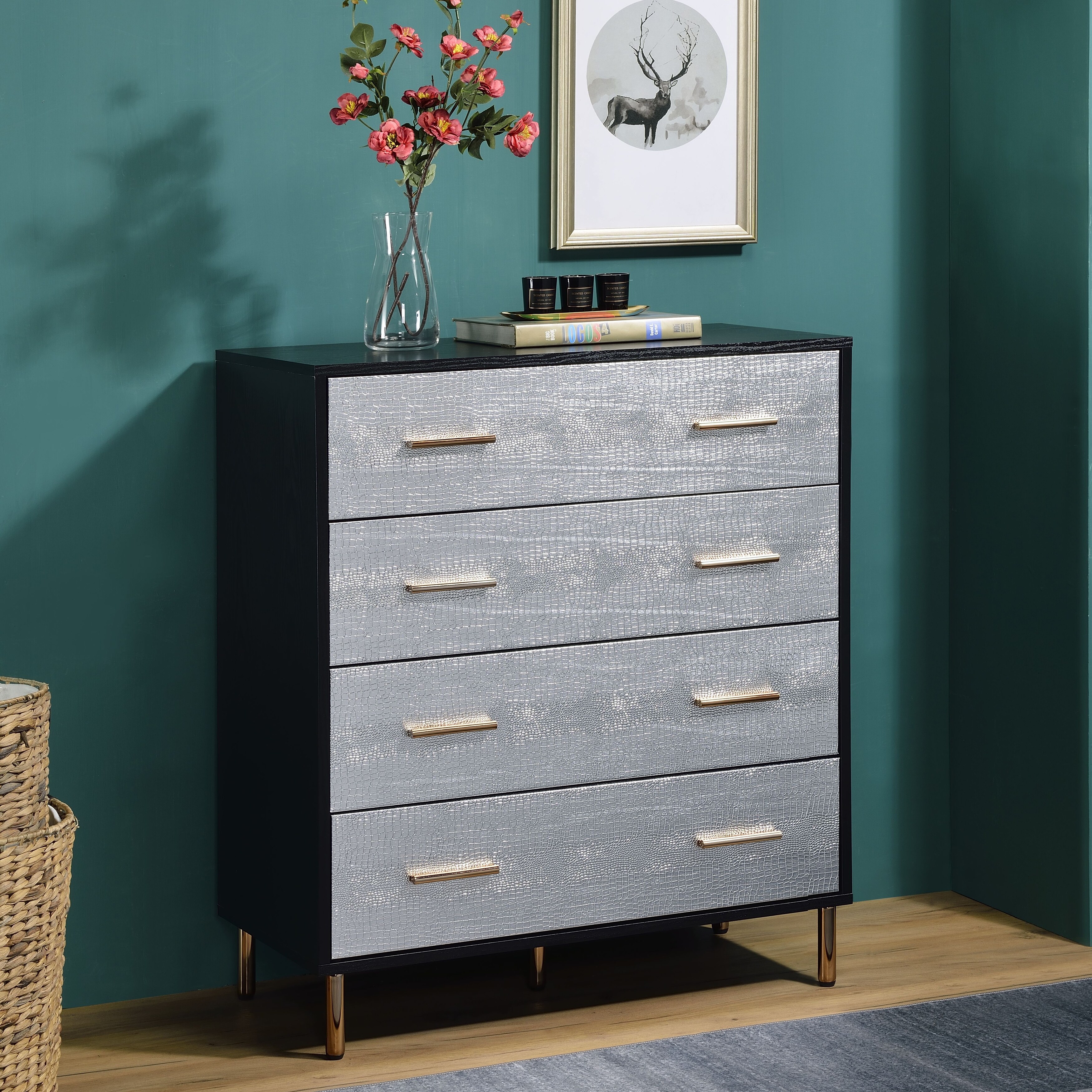 Luxury Black and Silver 4-Drawer Chest with Gold Hardware for Bedroom,  Living Room - On Sale - Bed Bath & Beyond - 41488378