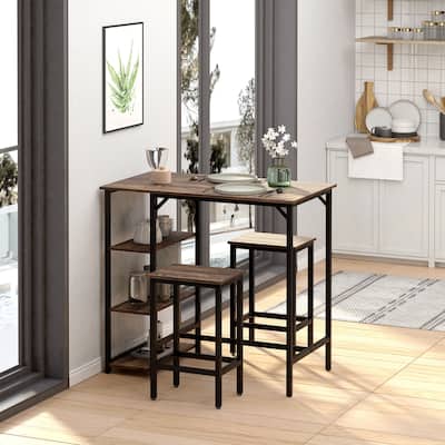 3 Pieces Bar Table Set With Storage Shelf