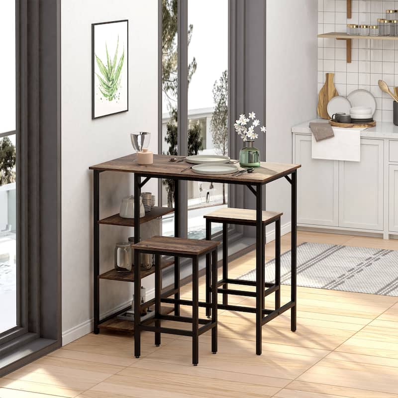 3-Piece Rustic Wood Top Bar Table Set with 2 Counter Stools and Metal Frame for Kitchen and Dining