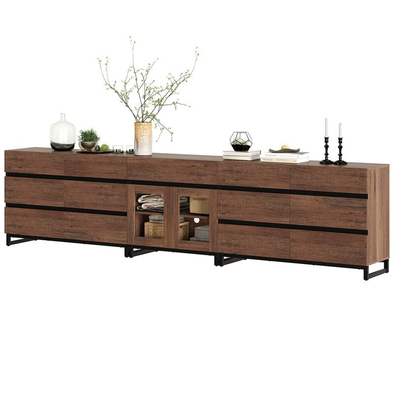 WAMPAT 3 in 1 Modern Dresser with Glass Doors and 3 Drawers, Chest of Drawers for Bedroom