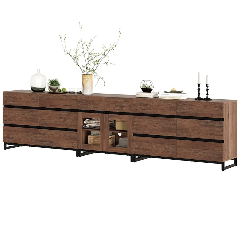 WAMPAT 3 in 1 Modern Sideboard with Glass Doors and 3 Drawers, Coffee Bar Cabinet for Kitchen