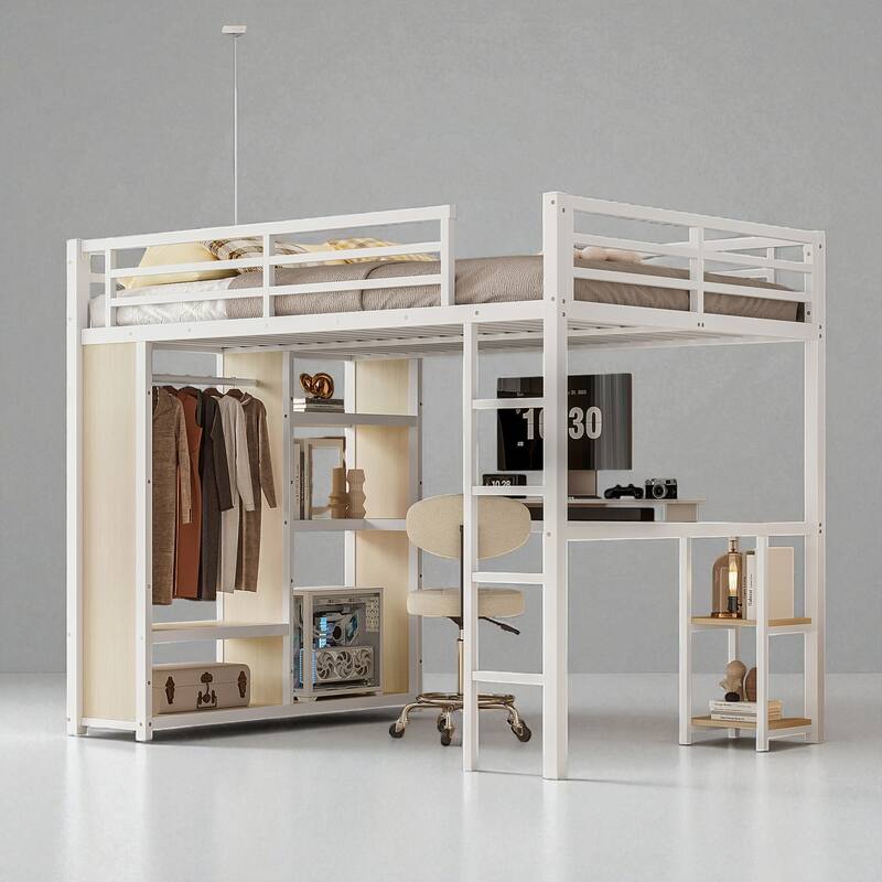 Queen Size Metal Loft Bed with Desk, Wardrobe, and Storage Shelves, Space-Saving Workstation Loft Bed Frame - White - Queen