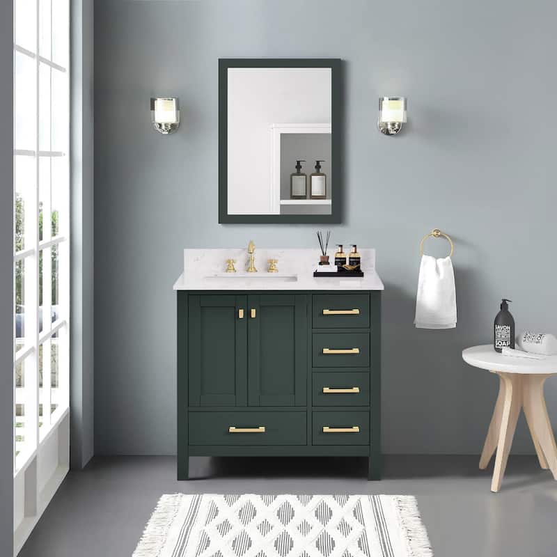StarrySky 36 inch Undermount Left Sink Bathroom Vanity with Engineered Carrara Marble Top - Green