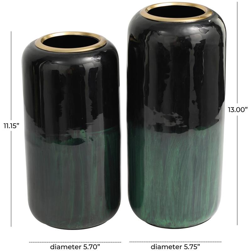 Green Metal Colorblock Abstract Decorative Vase with Paint Streak Designs and Gold Accents (Set of 2) - 13, 11"H